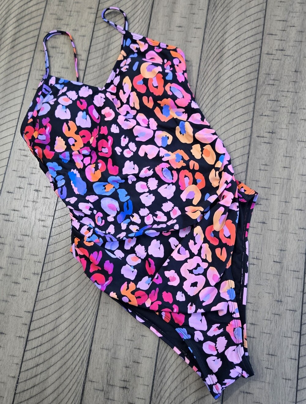 *NWT* Cupshe Black One-Piece Swimsuit with Bright Multicolored Leopard Print